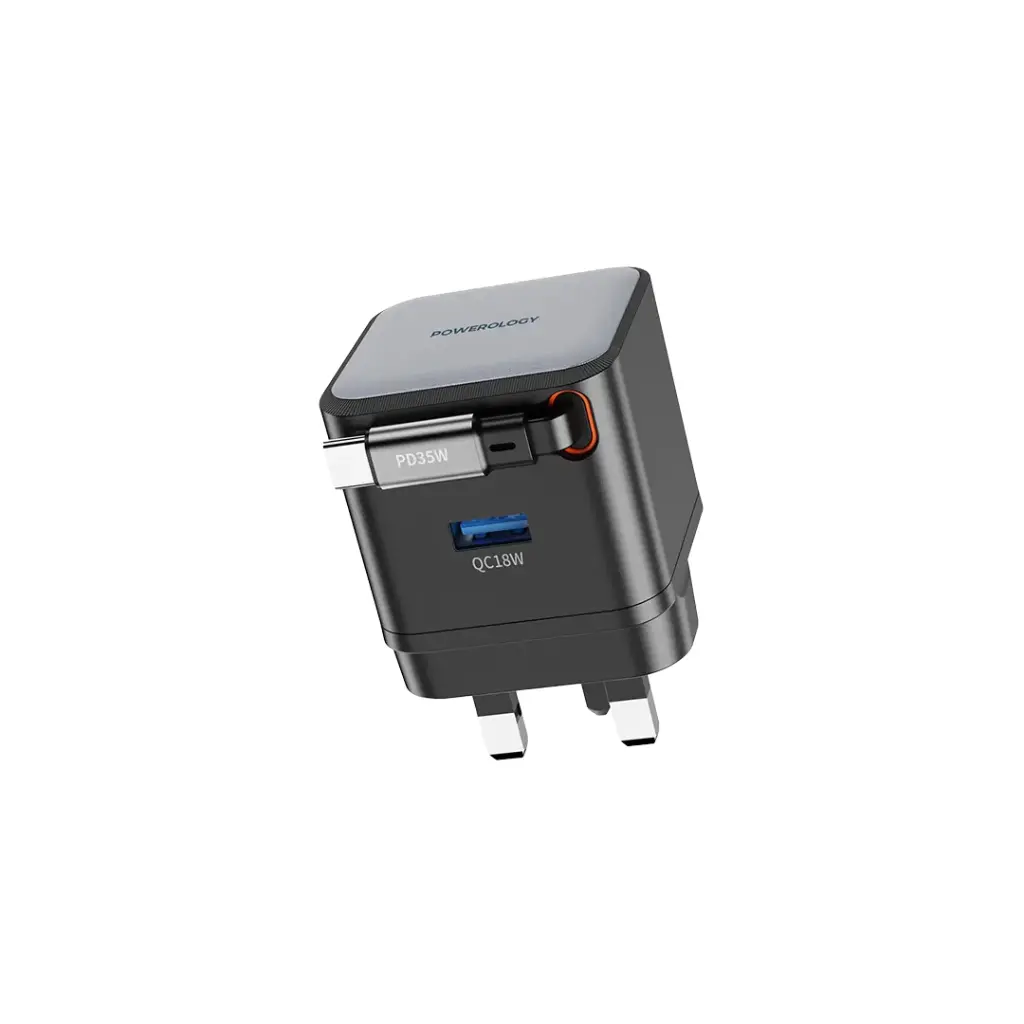 Powerology-GAN-PD35W-Dual-Port-Charger-with-Retractable-Cable