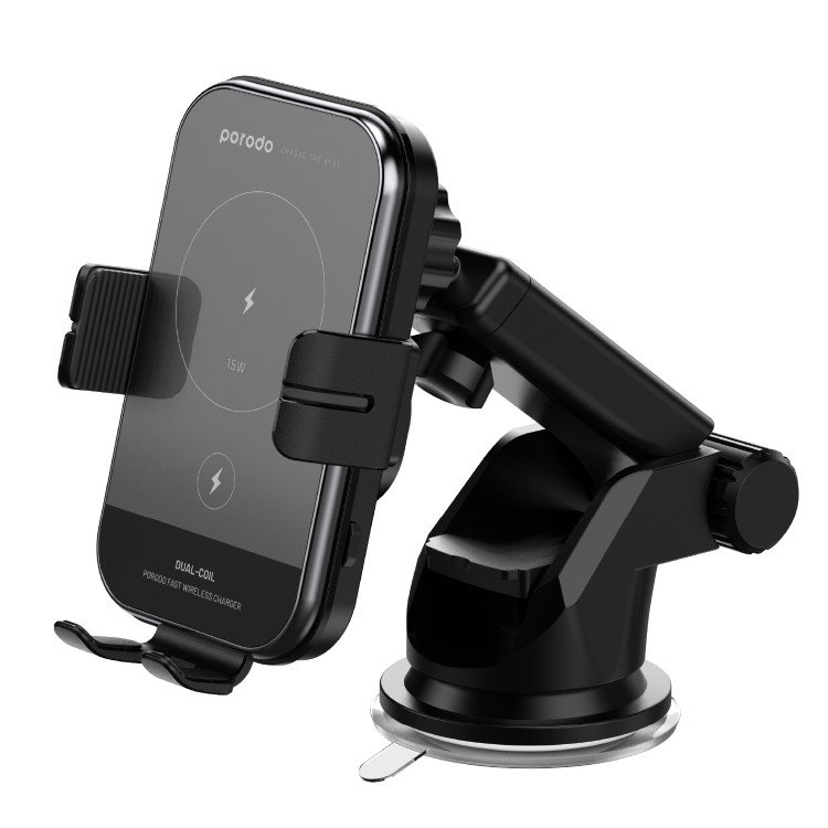 Porodo-3-in-1-Dual-Coil-Car-Charger-Mount-QC3-0-with-Fast-Wireless-Charger-15W