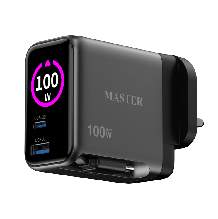 Master-Charger-TFT-100W-GaN--Dual-USB-C---USB-A--Cable-Built-in