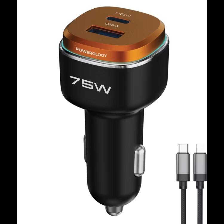 Powerology-75W-USB-A-C-Port-Car-Charger-With-C-to-L-MFi-Cable