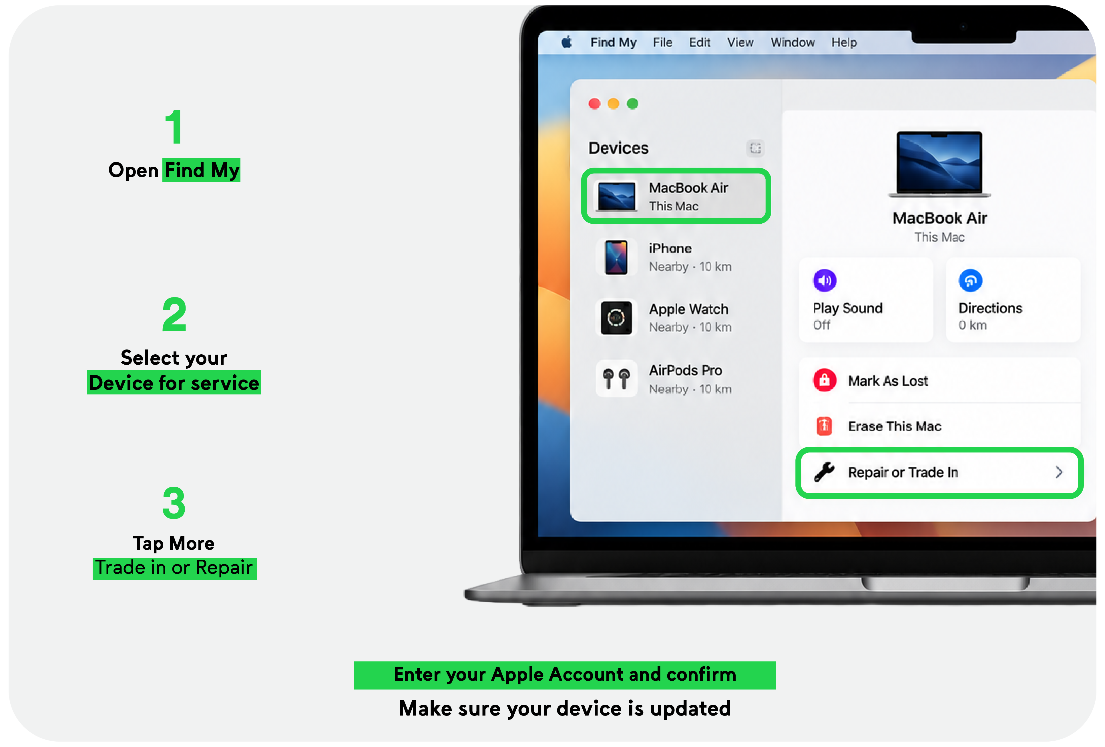 Repair or Trade In on Mac via Find My